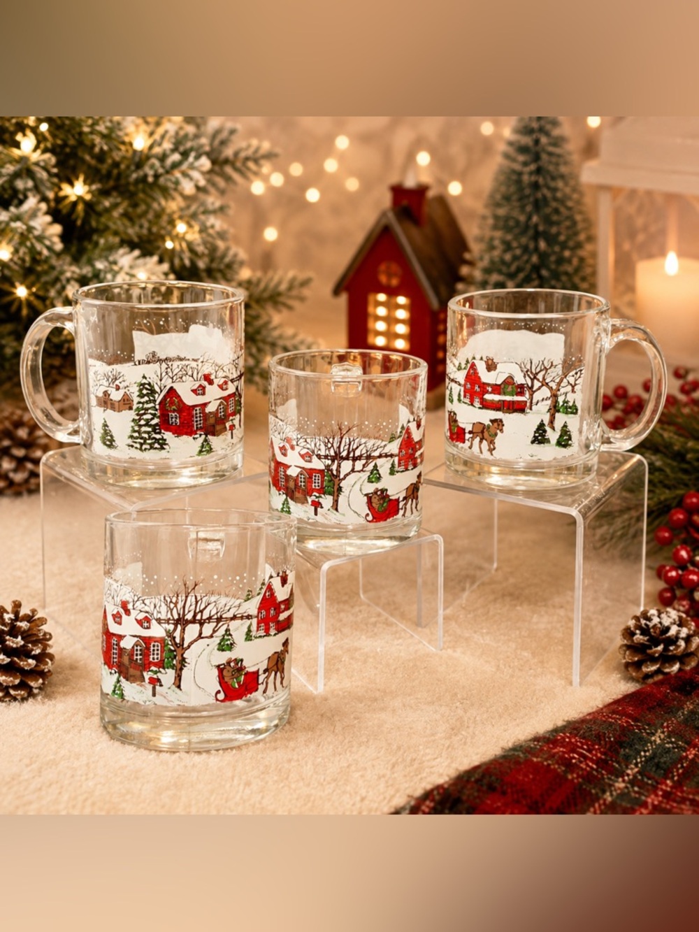 🔍(4) MADE IN USA CHRISTMAS WINTER VILLAGE GLASS MUGS — HORSE & SLEIGH